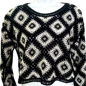 Brand Bazaar Crocheted Sweater - M black , white , gray cotton , NWOT